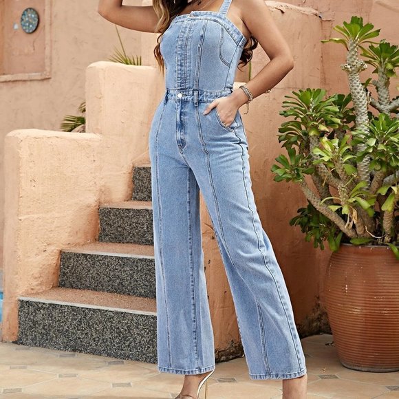 Blue Boho Womens Slant Pocket Wide Leg Denim Jumpsuit - Picture 5 of 5